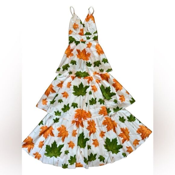 ORIANA RIVERA Tree Leaves Printed Maxi Dress in Fall Ruffles Size L. - Picture 7 of 8